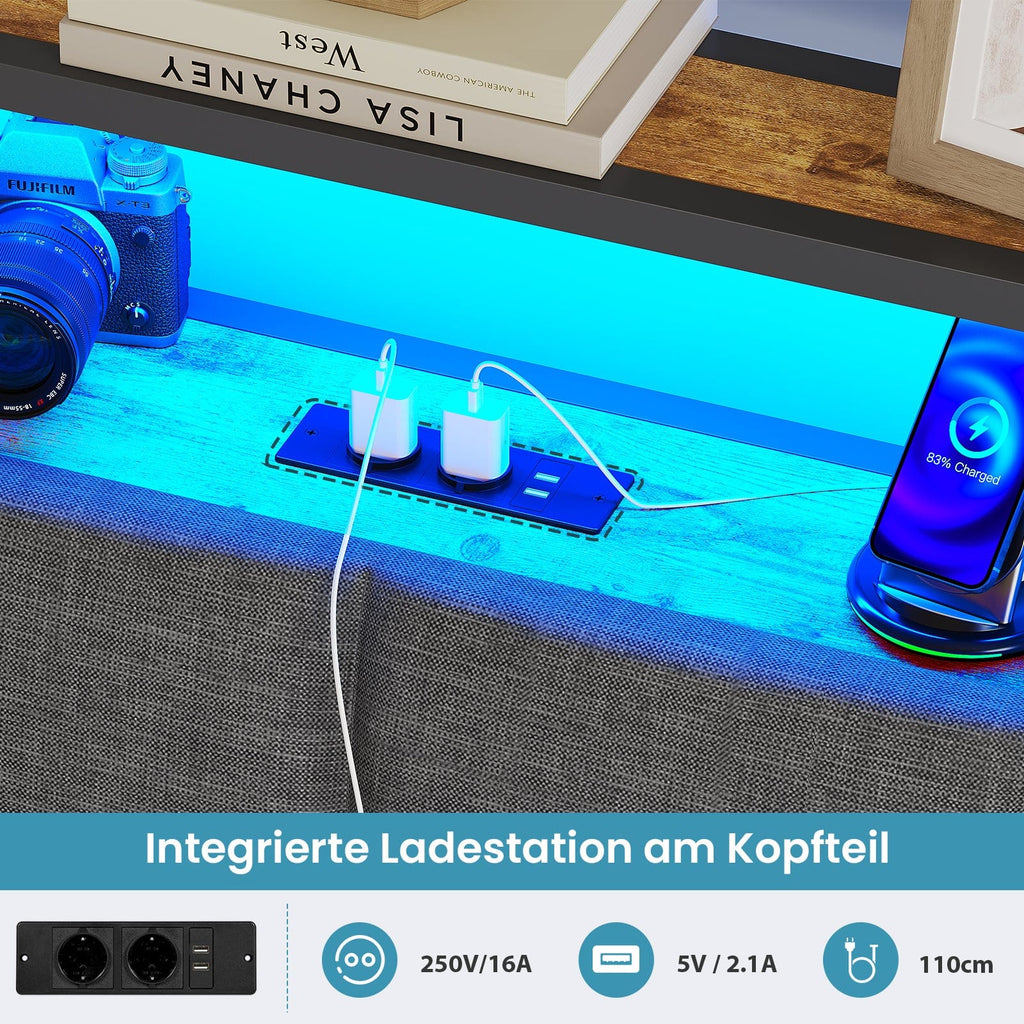 Metal Bed with Charging Function & Linen Headboard