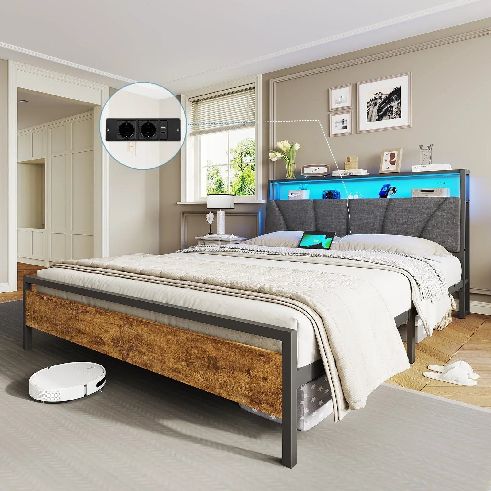 Metal Bed with Charging Function & Linen Headboard