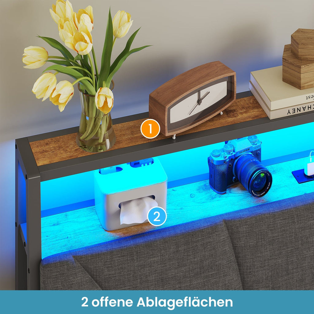 Metal Bed with Charging Function & Linen Headboard