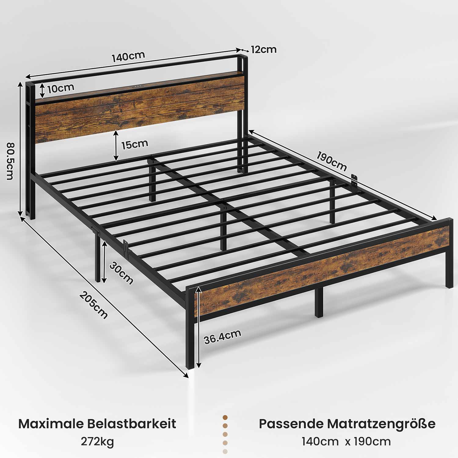 Metal Bed Frame with 3 USB Ports & LED Lighting