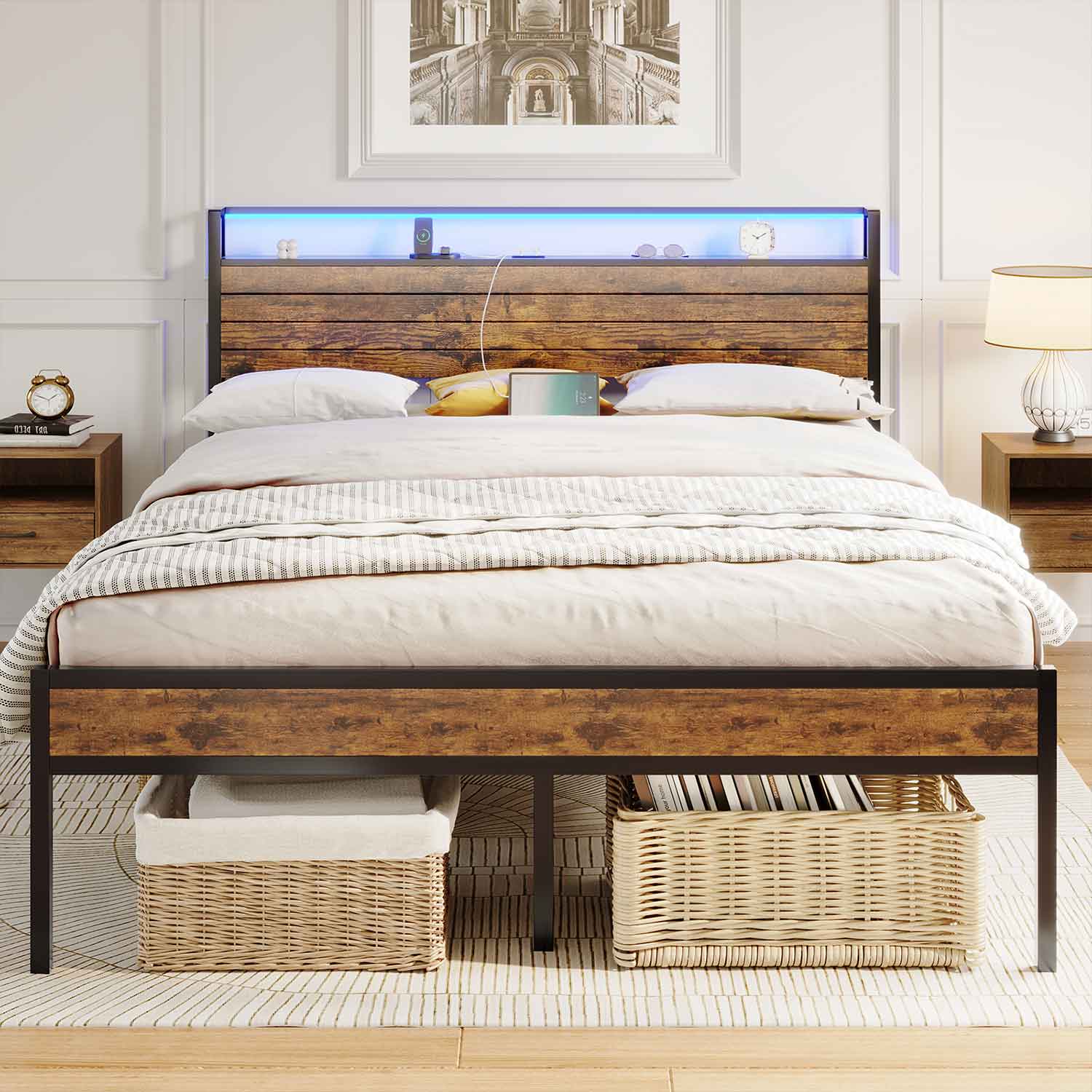 Metal Bed Frame with 3 USB Ports & LED Lighting