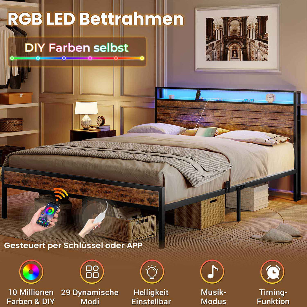 Metal Bed Frame with 3 USB Ports & LED Lighting