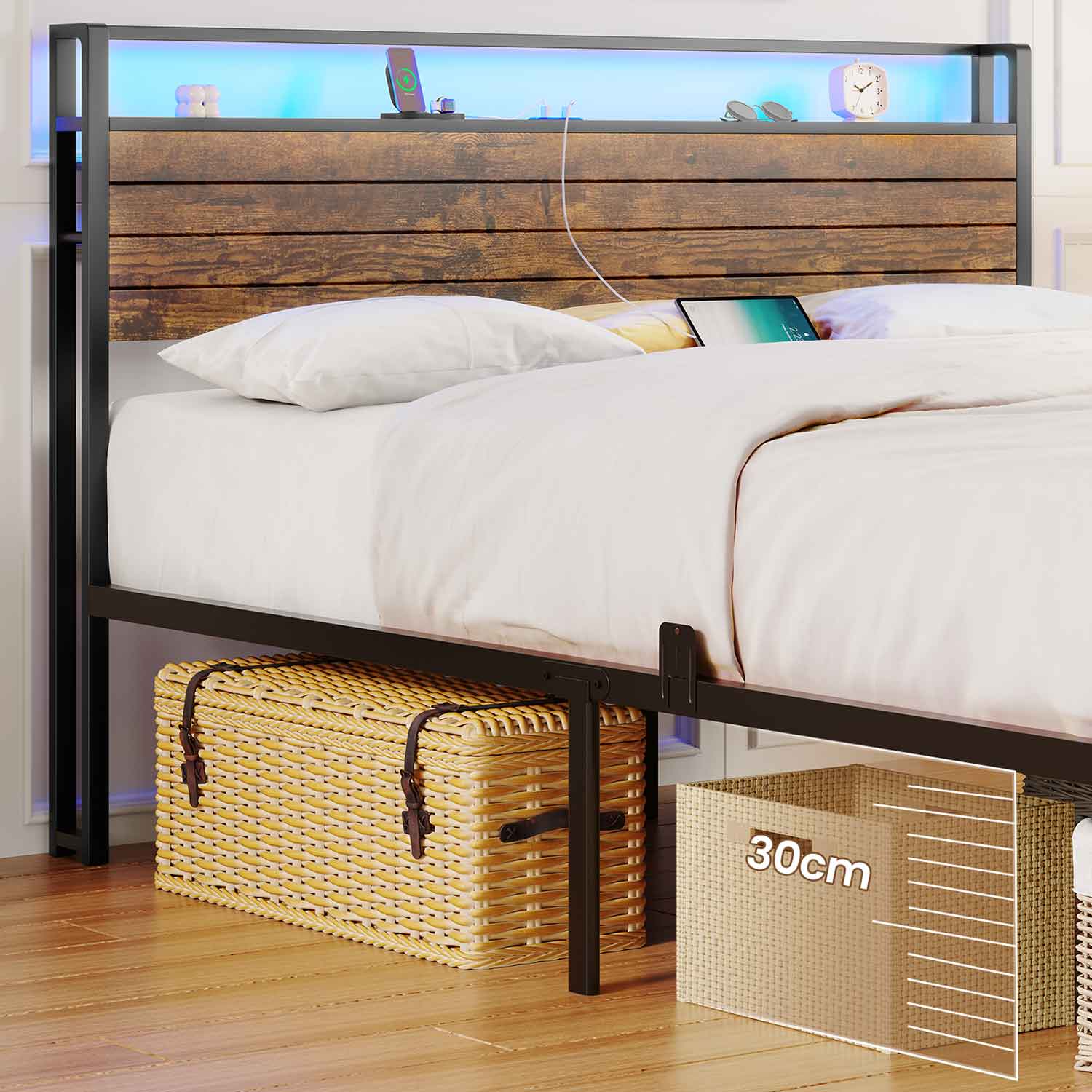 Metal Bed Frame with 3 USB Ports & LED Lighting