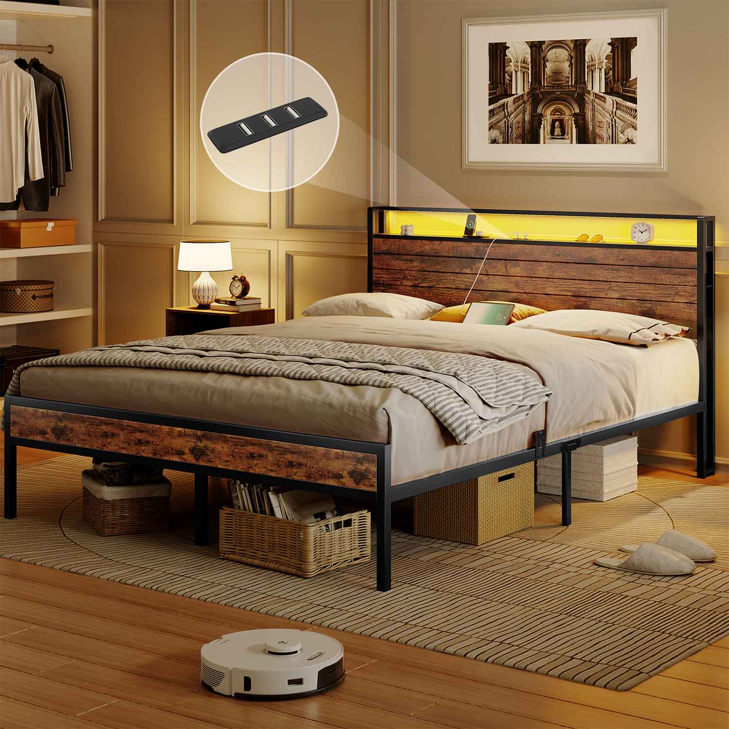 Metal Bed Frame with 3 USB Ports & LED Lighting