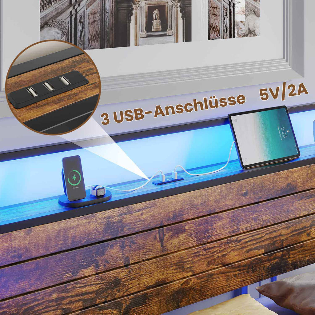 Metal Bed Frame with 3 USB Ports & LED Lighting
