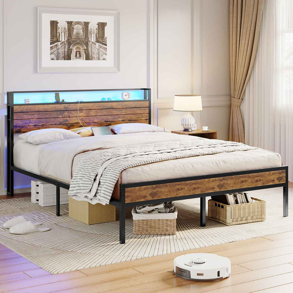 Metal Bed Frame with 3 USB Ports & LED Lighting