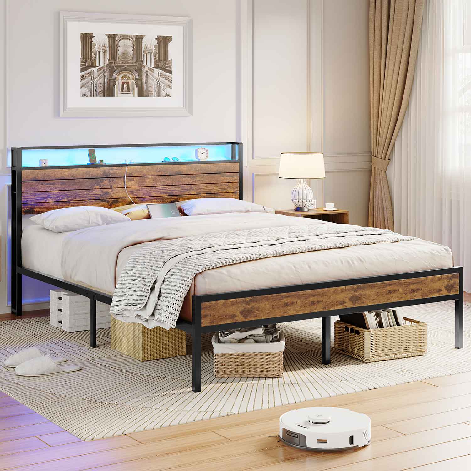 Metal Bed Frame with 3 USB Ports & LED Lighting