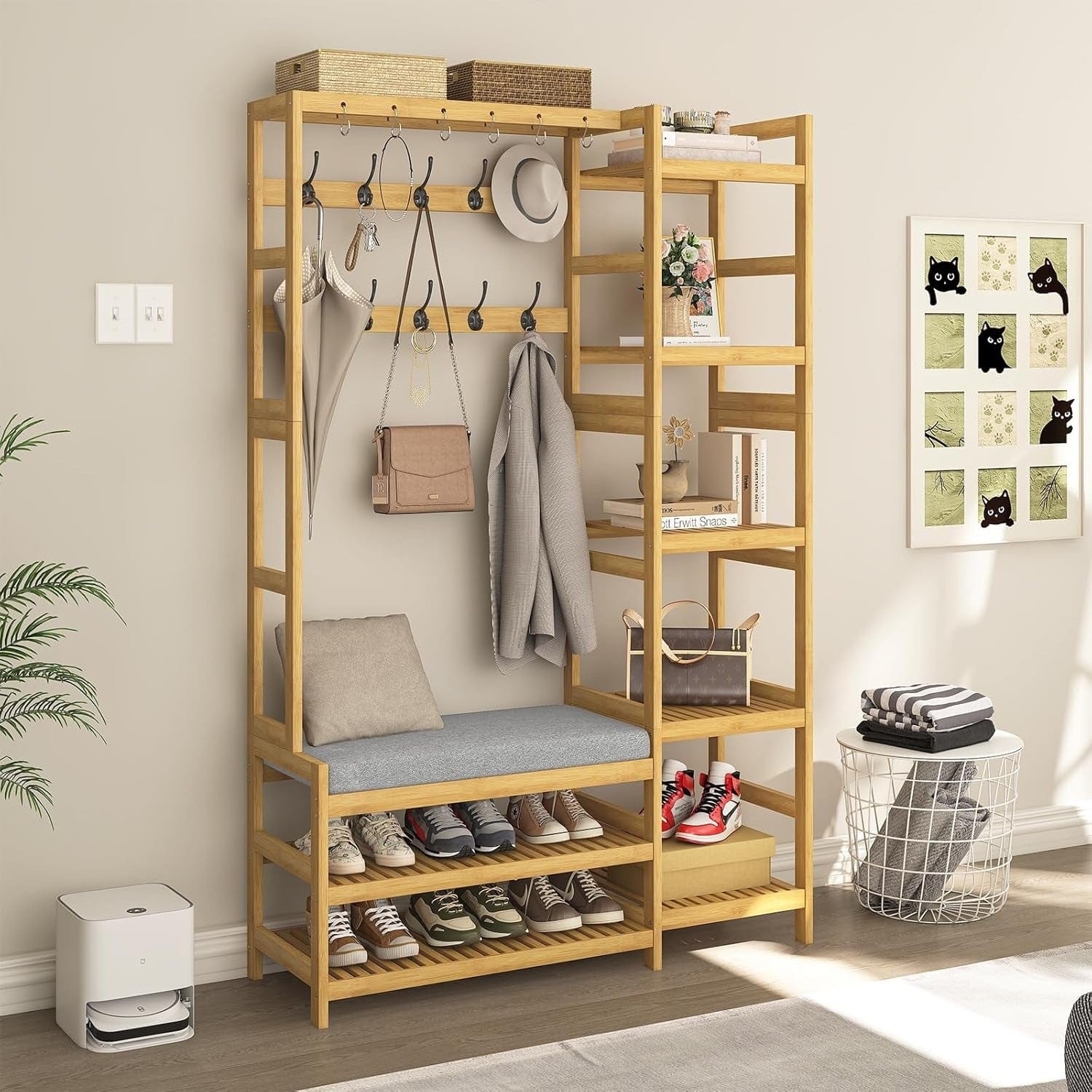 4-in-1 Bamboo Entryway Hall Tree