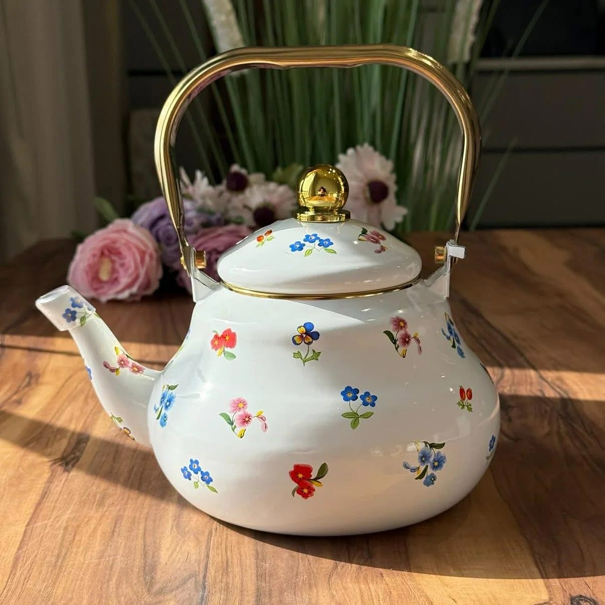 Vintage Floral Enamel Tea Kettle